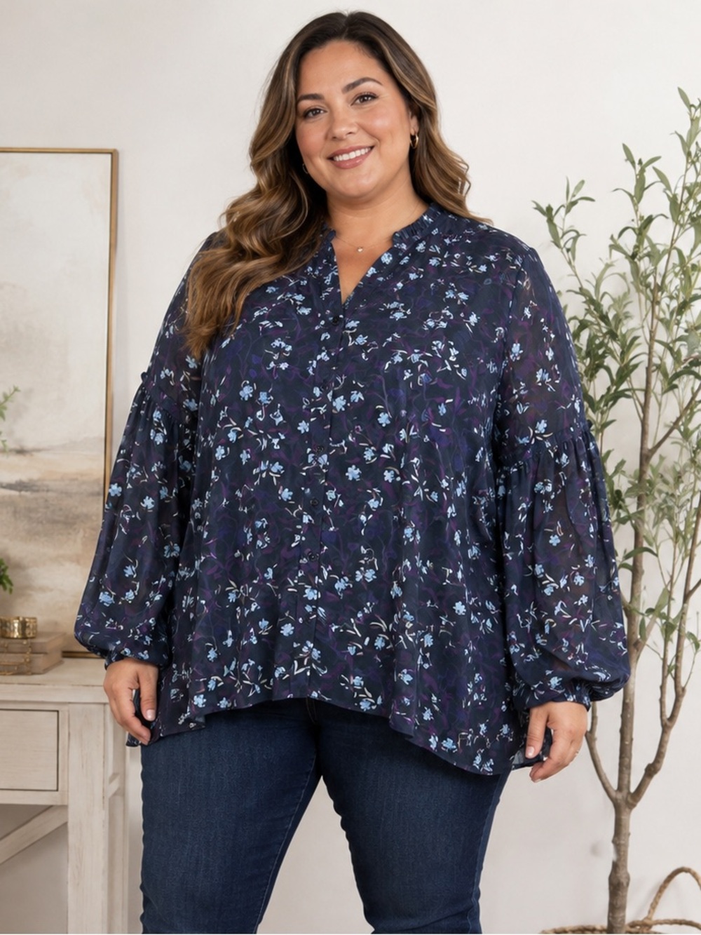 DG2 Diane Gilman Tiered Balloon Sleeve Flowy Peasant Top Navy 1X Whimsigoth